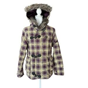 B By Burton Coat Snowboard  Women Size Medium Plum Plaid Faux Fur Hooded Ski